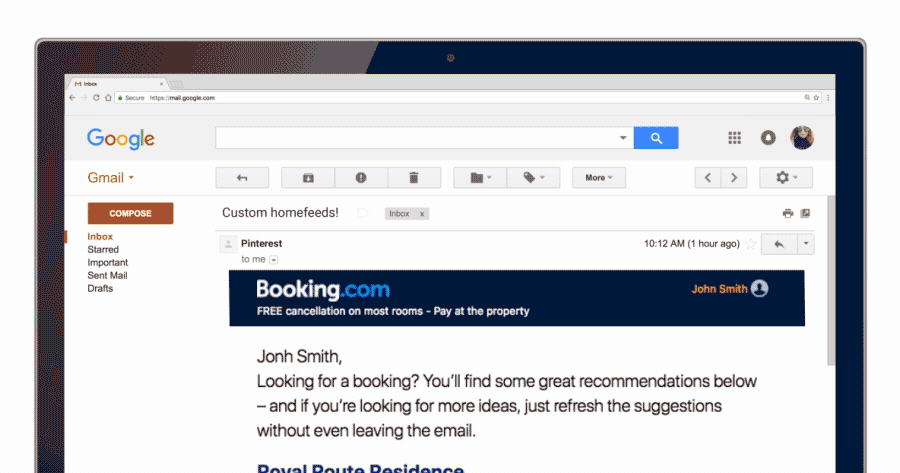 Booking.com - Carousel, affichage d'offres supplémentaires et gestion des préférences de réception de newsletters dans l'email